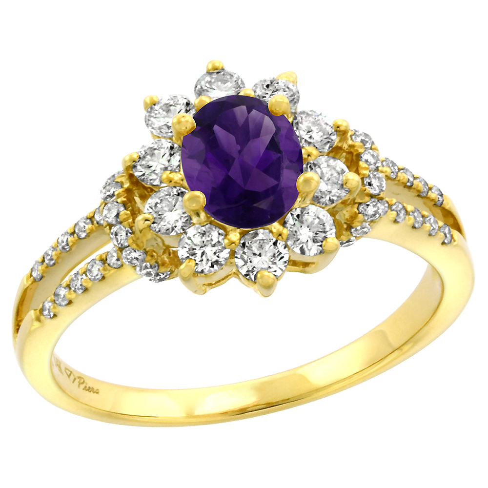 14k Yellow Gold Diamond Genuine Tanzanite Halo Engagement Ring Oval 7x5mm, size 5-10