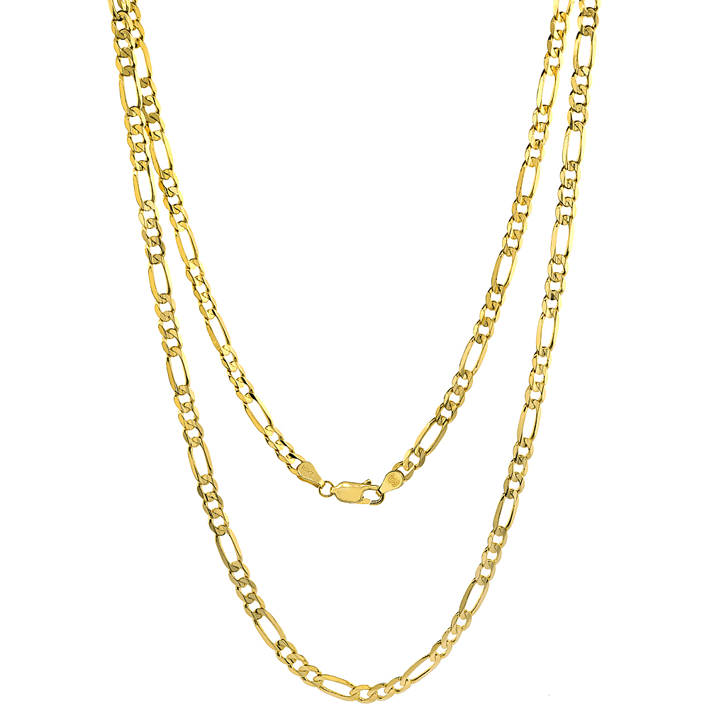 Solid Yellow 10K Gold 3mm Figaro Chain Necklaces & Bracelets for Men and Women Concave High Polished 18 - 28 inch