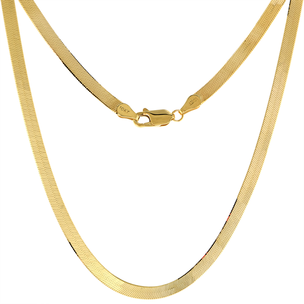 Solid 10k Gold 4mm Herringbone Chain Necklace for Women and Men Beveled Edges High Polished Lobster Clasp 18 - 24 inch