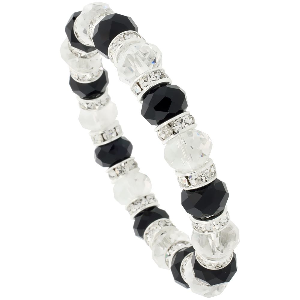 7 in. Black &amp; White Faceted Glass Crystal Bracelet on Elastic Nylon Strand, 3/8 in. (10 mm) wide