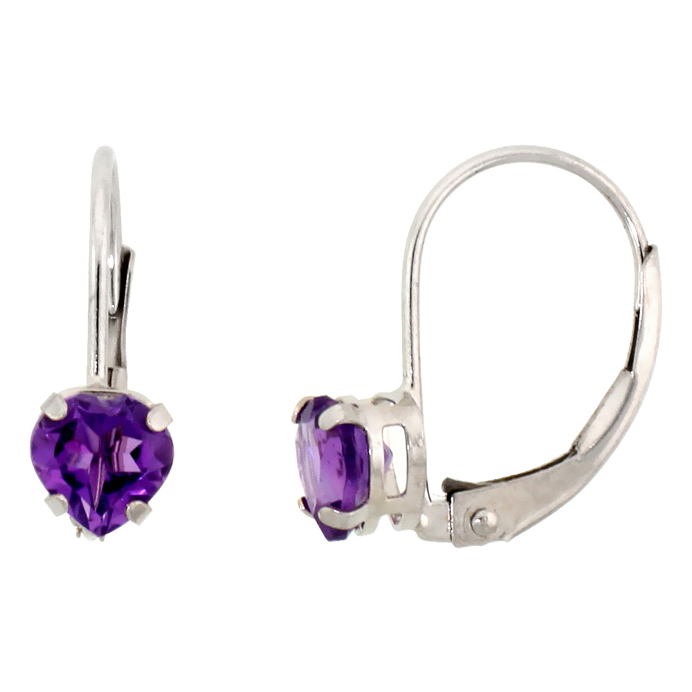 10k White Gold Natural Amethyst Heart Leverback Earrings 5mm February Birthstone, 9/16 inch long