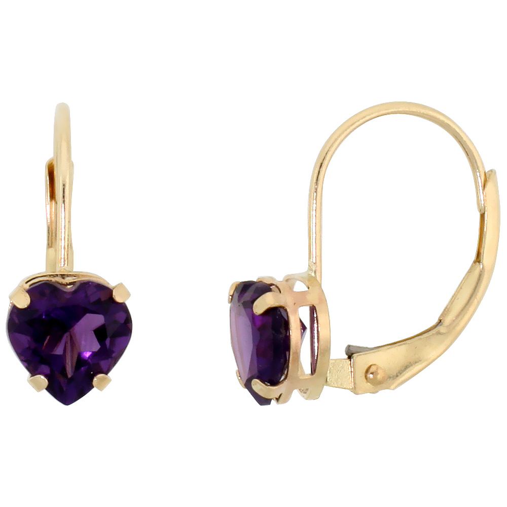 10k Yellow Gold Natural Amethyst Heart Leverback Earrings 6mm February Birthstone, 9/16 inch long