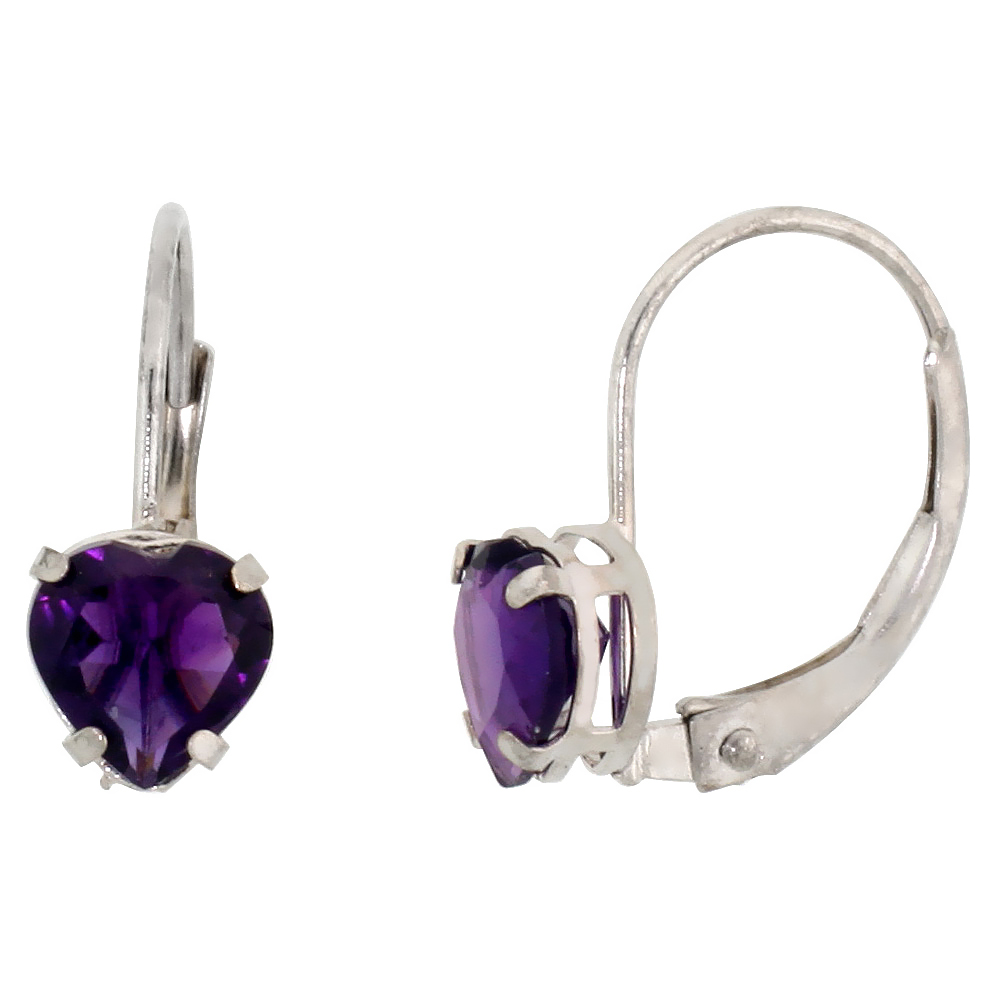 10k White Gold Natural Amethyst Heart Leverback Earrings 6mm February Birthstone, 9/16 inch long