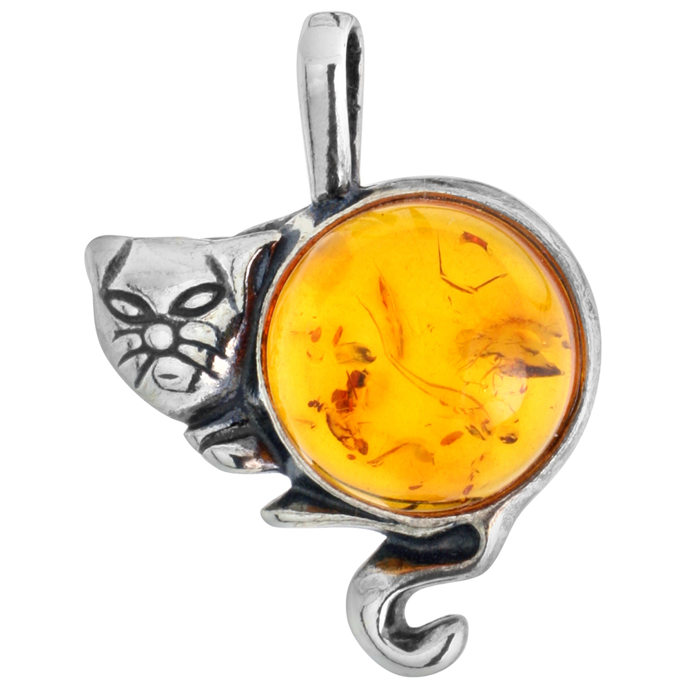 Sterling Silver Baltic Amber Cat Pendant for Women Round Cabochon 3/4 inch tall No Chain Included