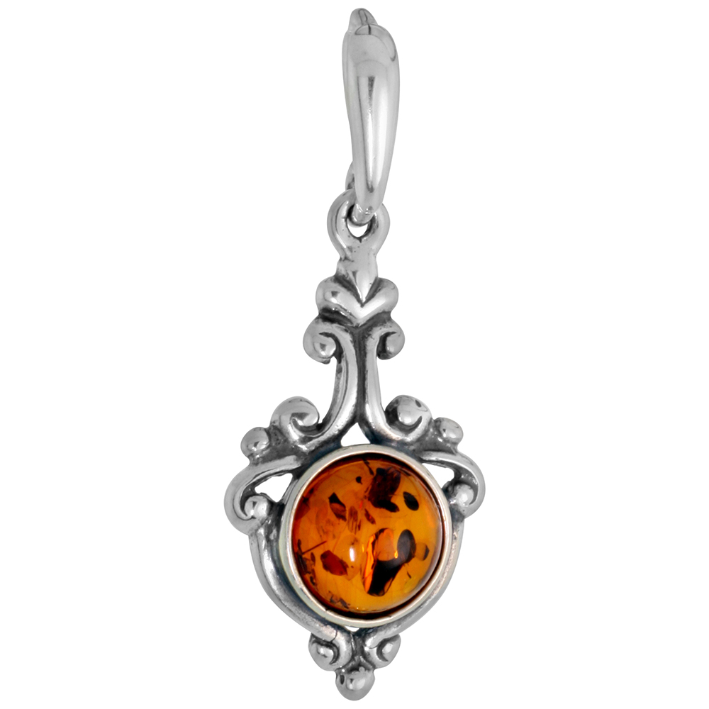 Dainty Sterling Silver Baltic Amber Necklace for Women Scroll Bezel 8mm Round Cabochon 1 inch tall Available with or without cha