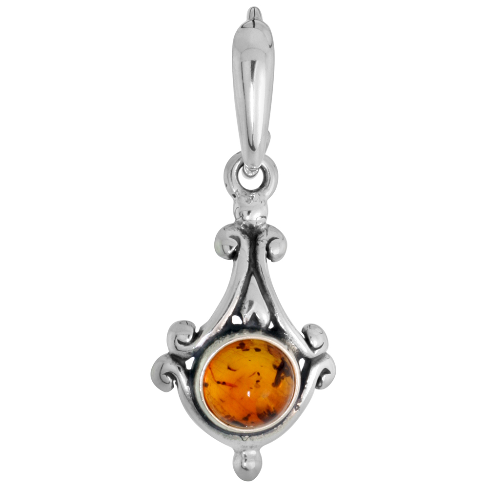 Dainty Sterling Silver Baltic Amber Necklace for Women Scroll Pattern 6mm Round Cabochon 7/8 inch tall Available with or without