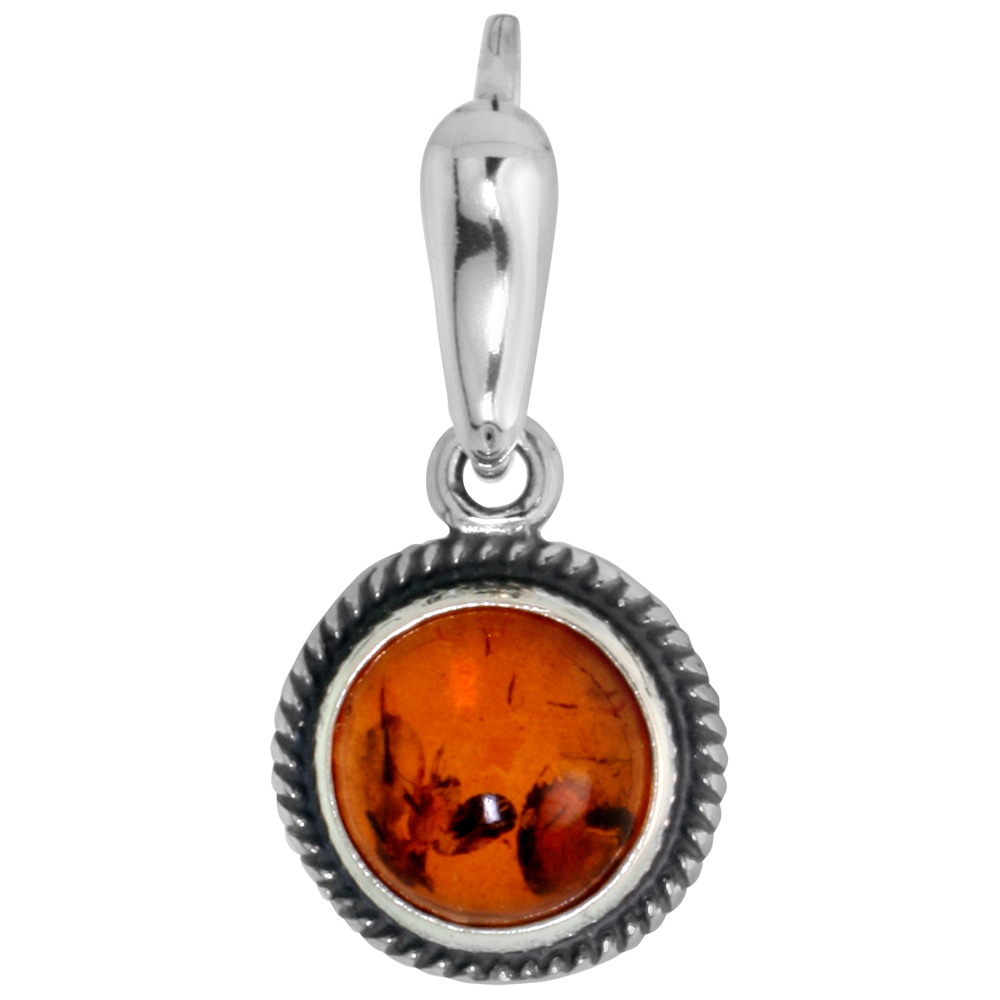 1/2 inch Dainty Sterling Silver Baltic Amber Necklace for Women Rope Edge Design 6mm Round Cabochon Available with or without ch