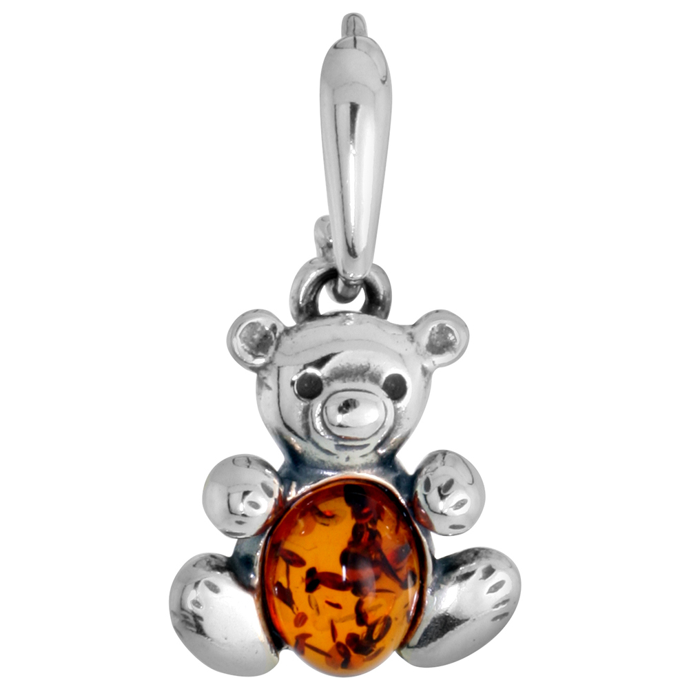 Small Sterling Silver Baltic Amber Teddy Bear Necklace for Women and Girls 8x6mm Oval Cabochon 5/8 inch tall Available with or w