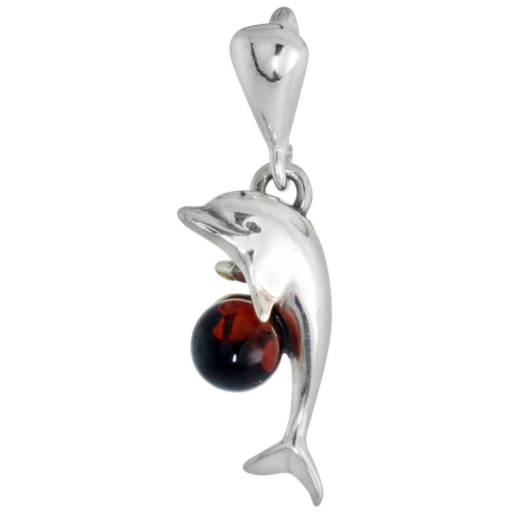 3/4 inch Small Sterling Silver Baltic Amber Dolphin Pendant for Women 5mm Bead No Chain Included