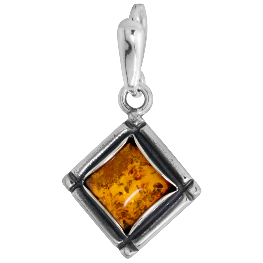 3/4 inch Sterling Silver Baltic Amber Square Cabochon Necklace for Women 8mm Square Cabochon Antiqued Finish Available with or w