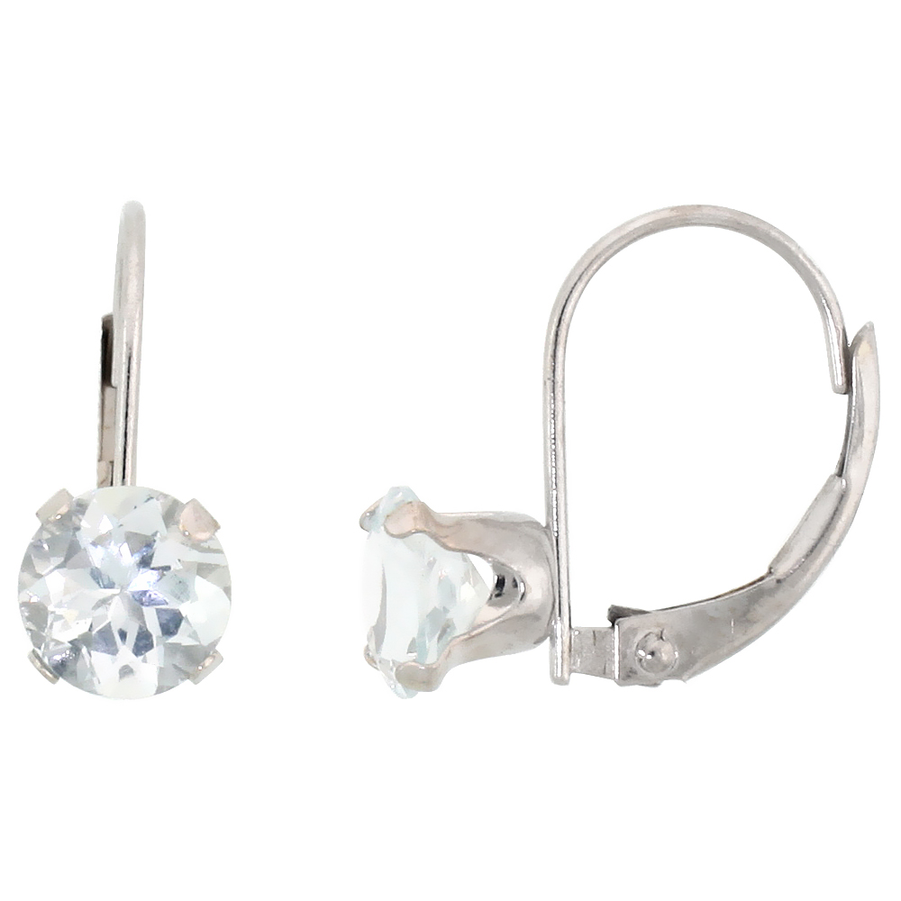 10k White Gold Natural Aquamarine Leverback Earrings 6mm Brilliant Cut March Birthstone, 9/16 inch long