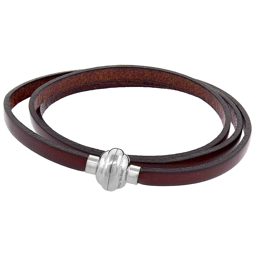 Quality Full Grain Brown Leather Wrap Bracelet Stainless Steel Magnetic Clasp Italy 22.5 inch