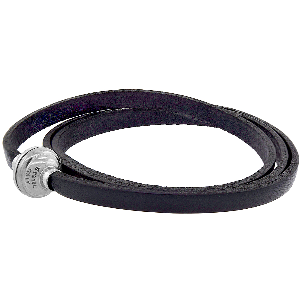 Quality Full Grain Black Leather Wrap Bracelet Stainless Steel Magnetic Clasp Italy 22.5 inch