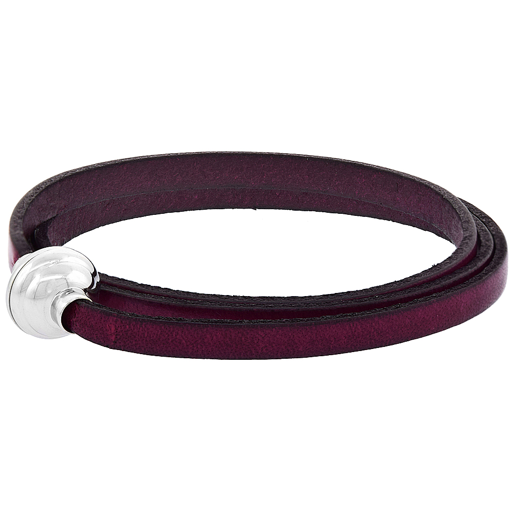Quality Full Grain Fuchsia Leather Wrap Bracelet Stainless Steel Magnetic Clasp Italy 22.5 inch
