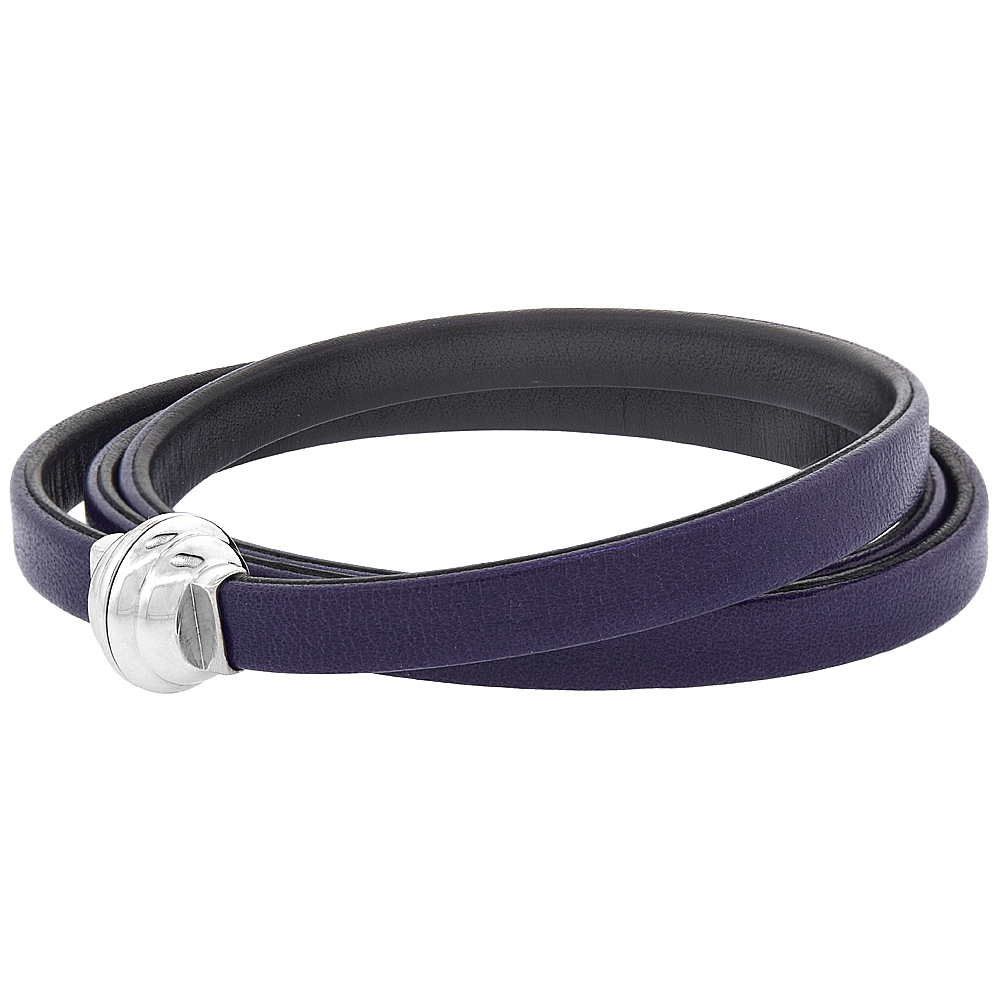 Quality Full Grain Purple & Black Leather Wrap Bracelet Double Sided Magnetic Clasp Italy 22.5 inch
