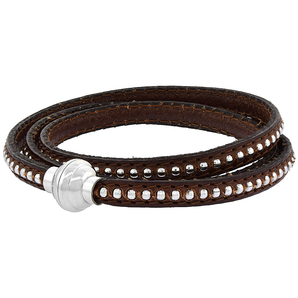 Quality Full Grain Brown Leather Wrap Bracelet Bead Inlay Stainless Steel Magnetic Clasp Italy 22.5 inch