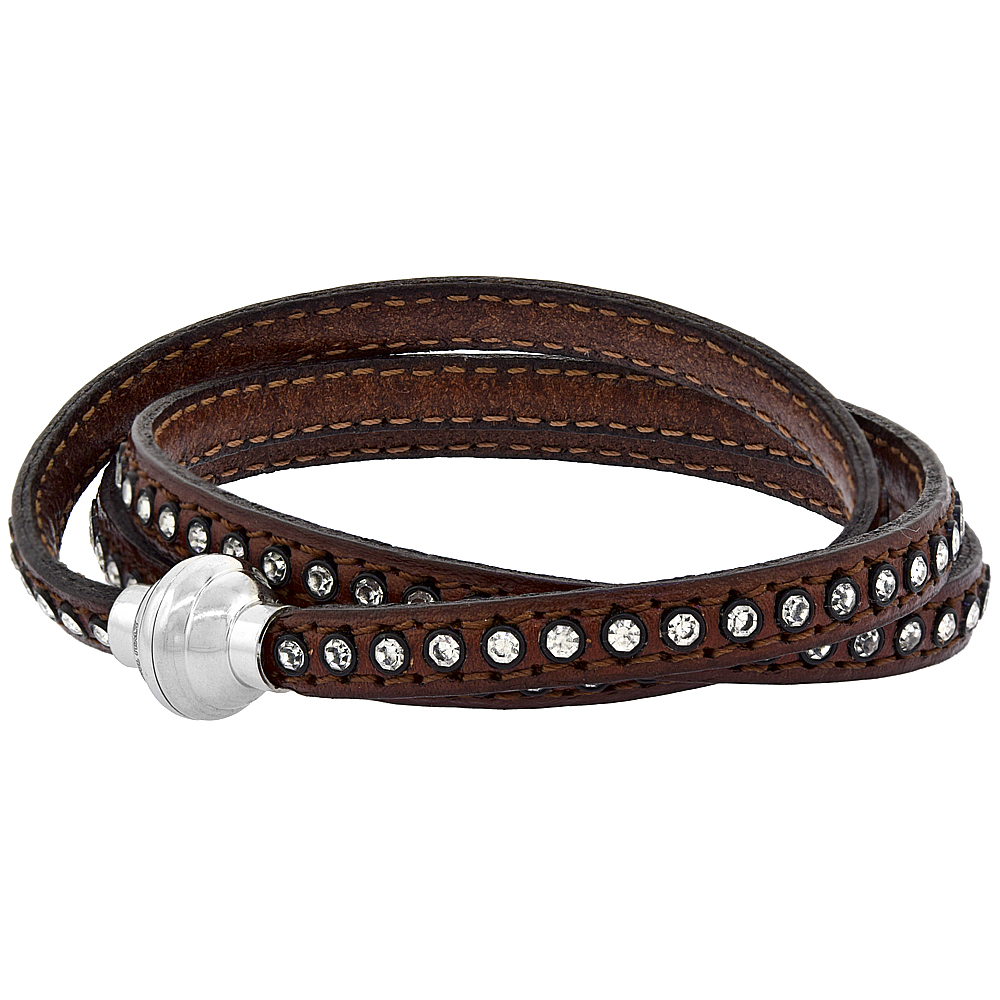 Quality Full Grain Brown Leather Wrap Bracelet Swarovski Crystal Studded Magnetic Clasp Italy 22.5 inch