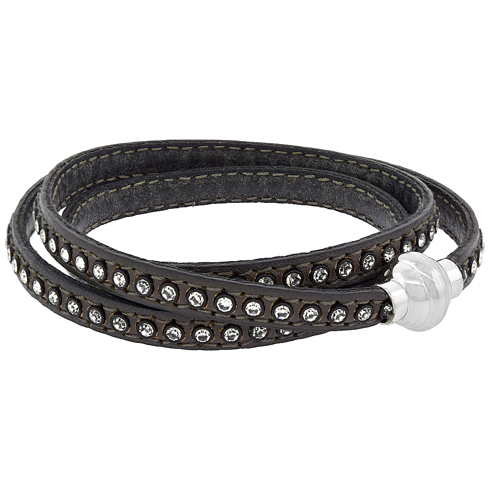 Quality Full Grain Gray Leather Wrap Bracelet Swarovski Crystal Studded Magnetic Clasp Italy 22.5 inch