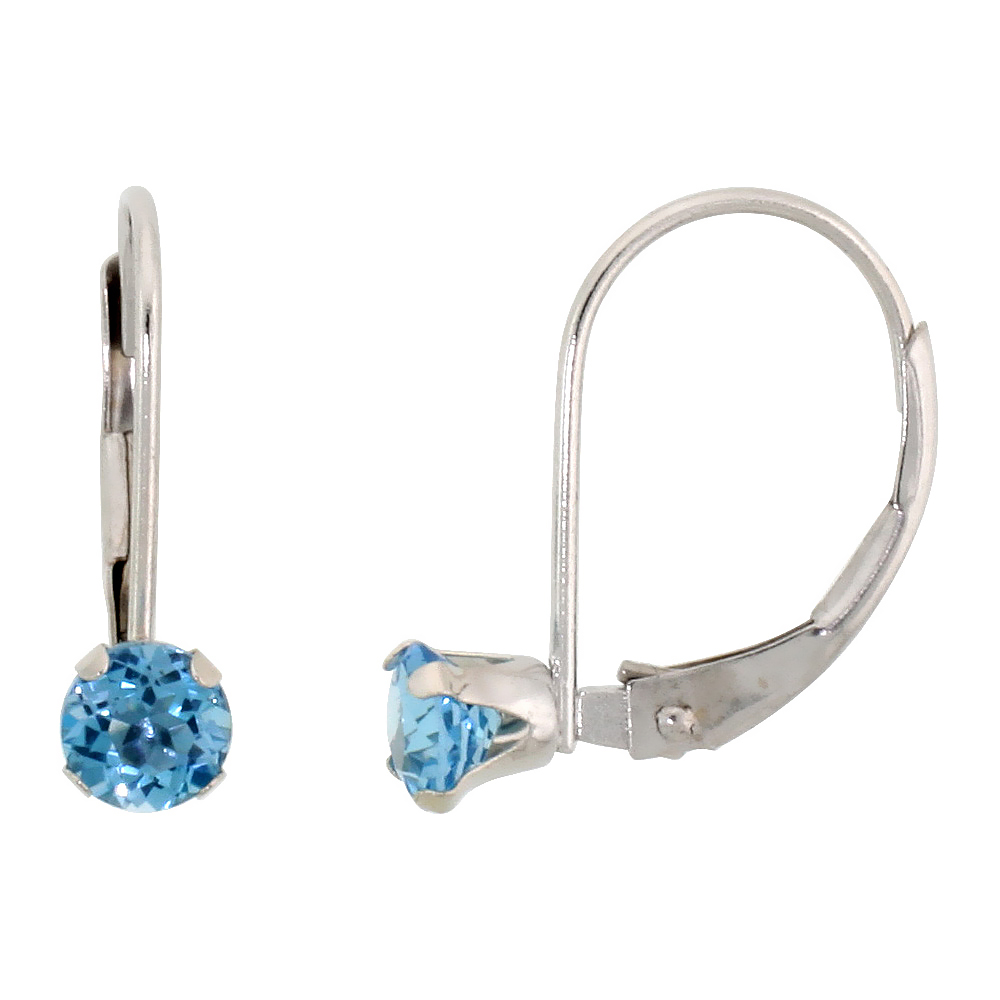 10k White Gold Natural Blue Topaz Leverback Earrings 1/2 ct Brilliant Cut December Birthstone, 9/16 inch long