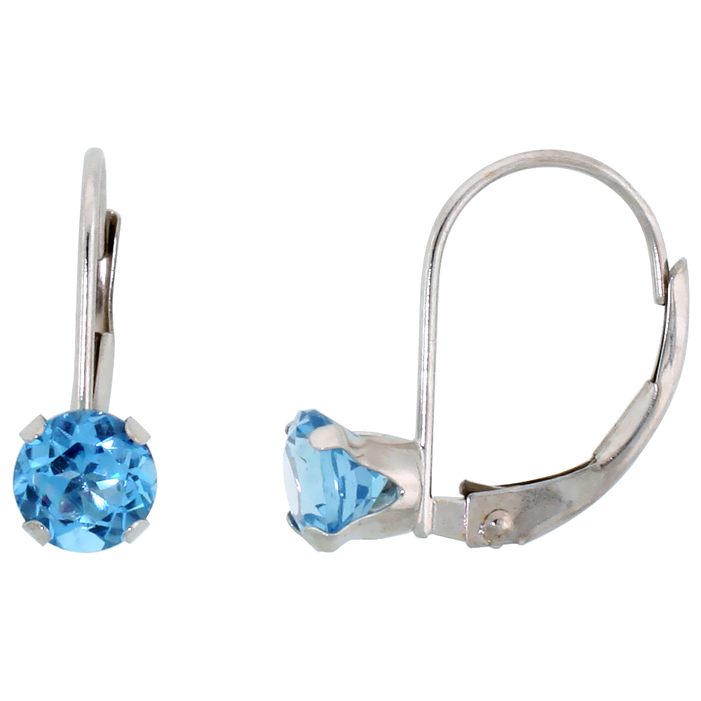 10k White Gold Natural Blue Topaz Leverback Earrings 5mm Brilliant Cut December Birthstone, 9/16 inch long