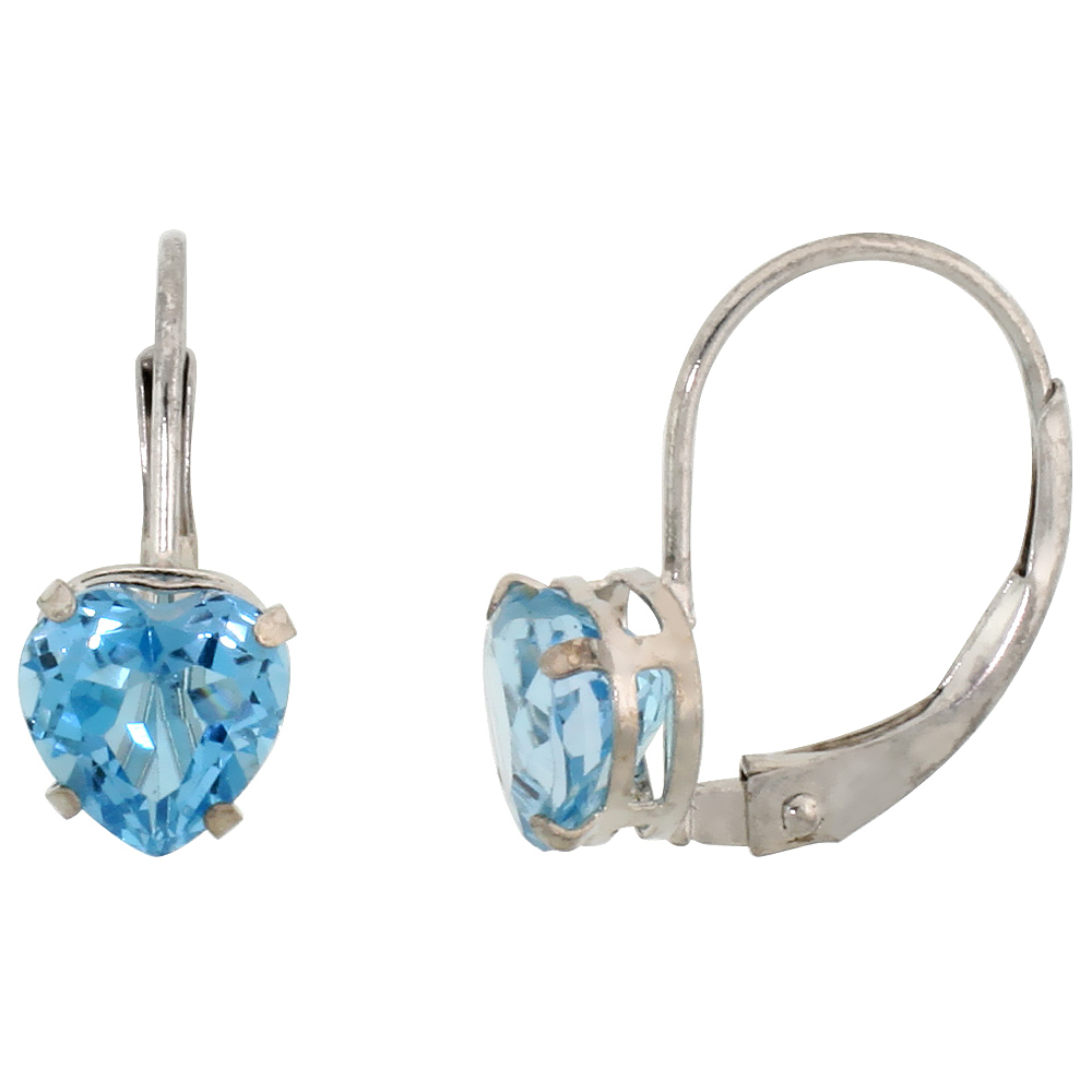 10k White Gold Natural Blue Topaz Heart Leverback Earrings 6mm December Birthstone, 9/16 inch long