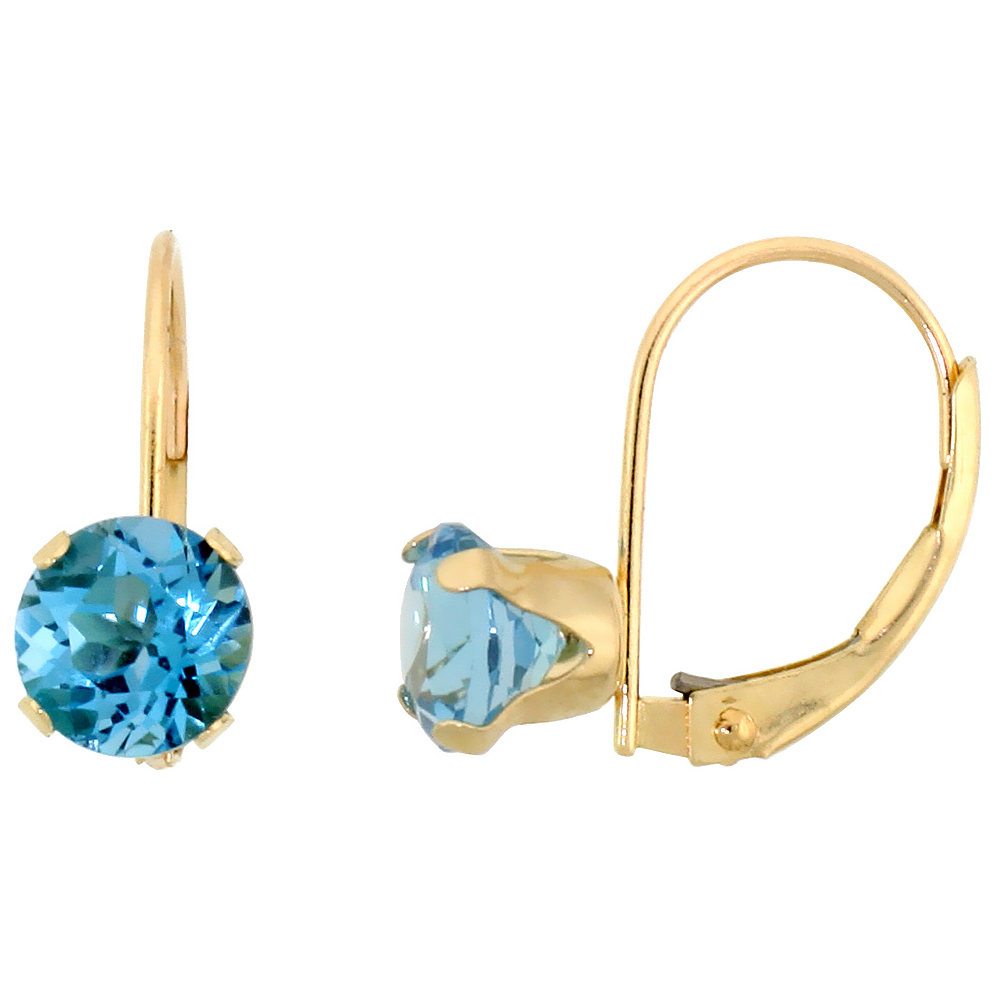 10k Yellow Gold Natural Blue Topaz Leverback Earrings 6mm Brilliant Cut December Birthstone, 9/16 inch long
