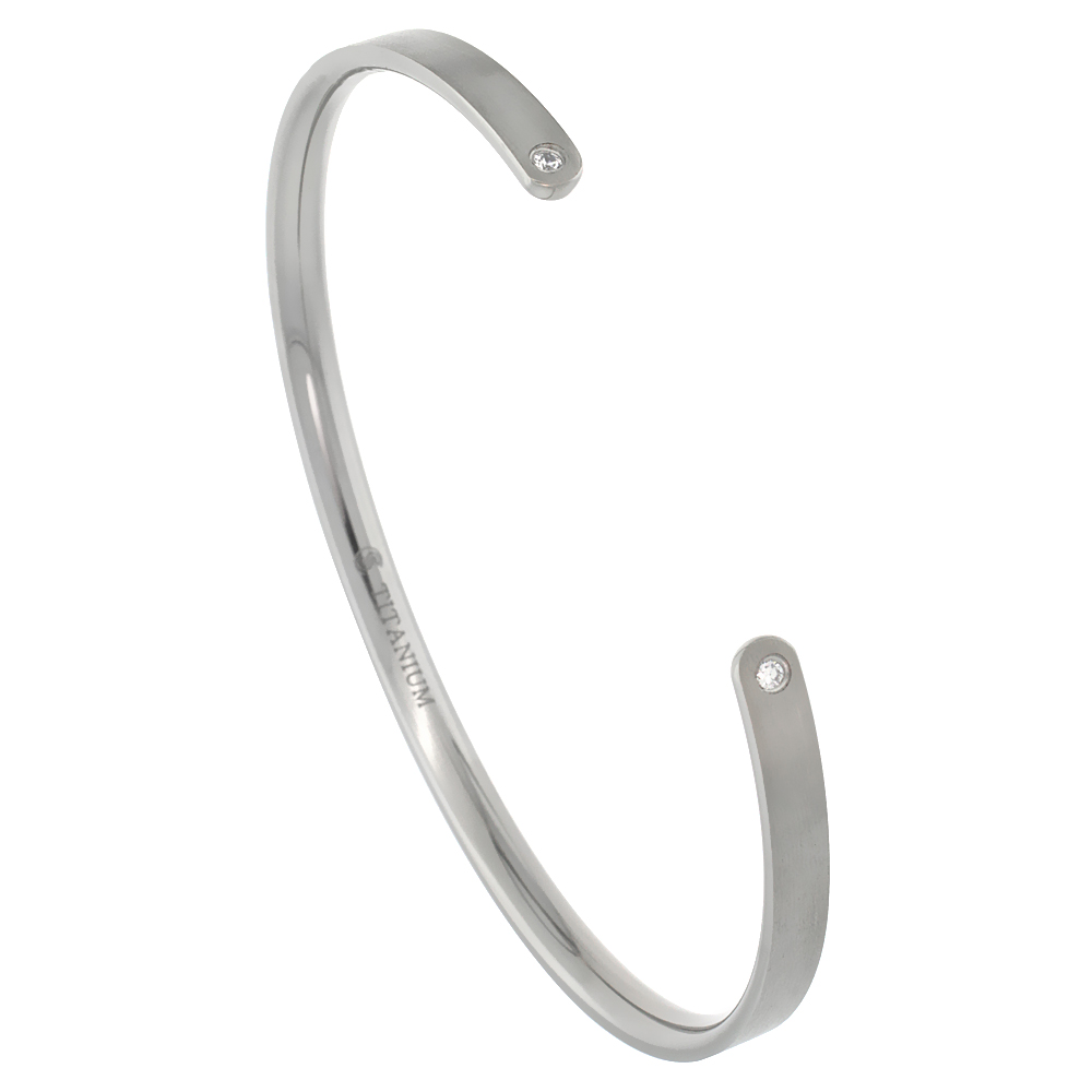 4 mm Flat Titanium Cuff Bracelet for Men &amp; Women CZ Stone Ends Matte finish Comfort-fit 8 inch Wrist size 3/16 inch wide