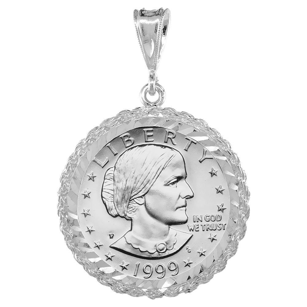 Sterling Silver Susan B. Anthony Rope Bezel Sacagawea 26 mm Coins Prong Back Diamond Cut Coin NOT Included