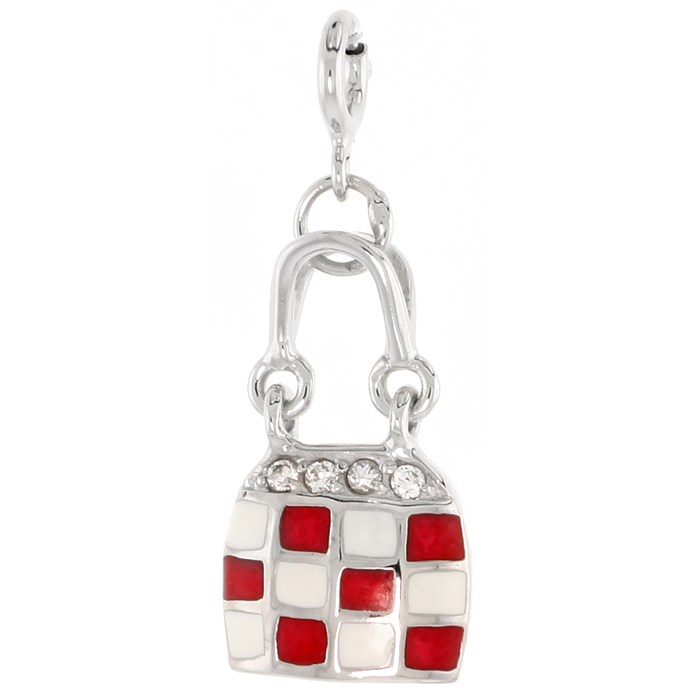 Sterling Silver Enamel Red &amp; White Checkered Purse Charm with clasp for Bracelets Women CZ Accent 3/4 inch