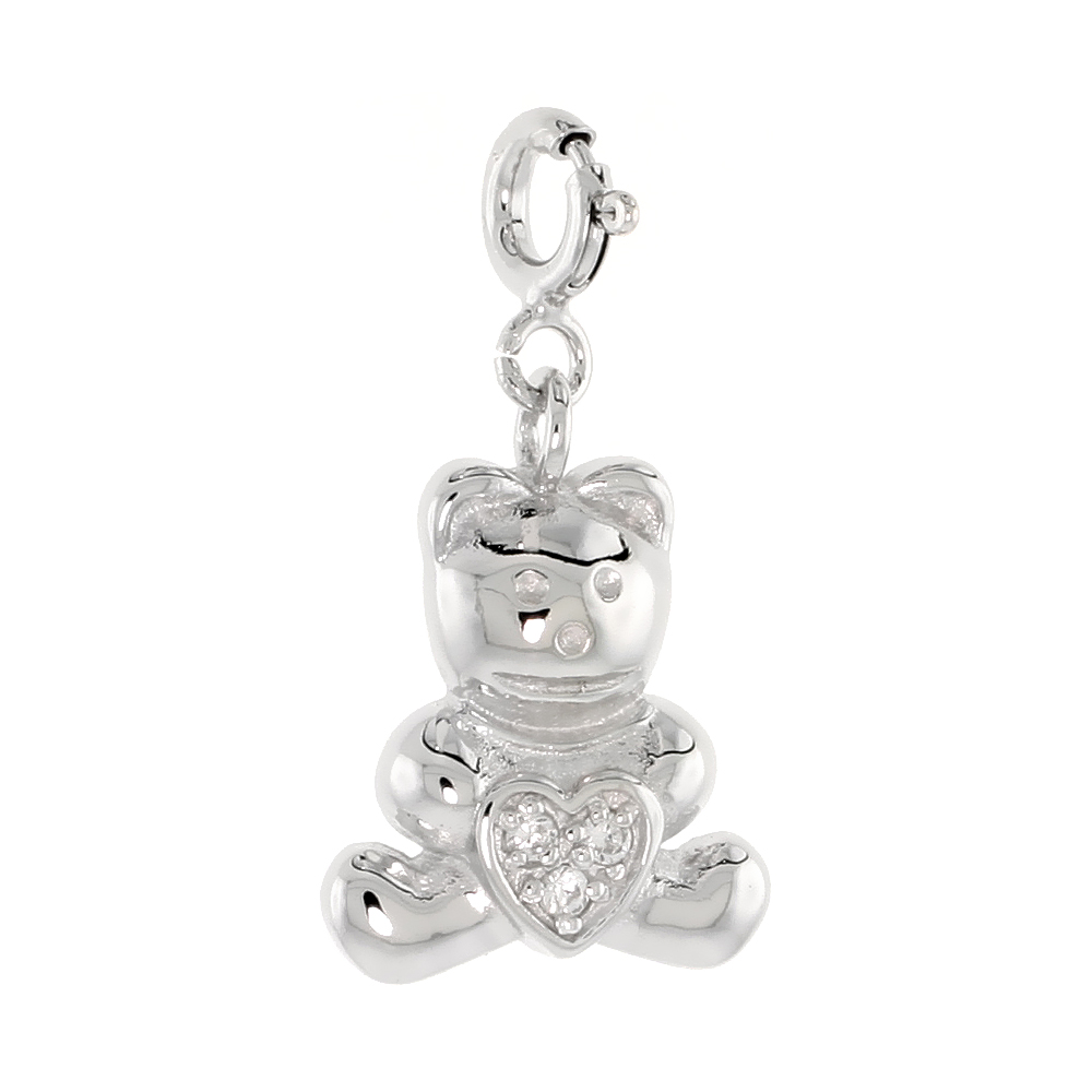 Sterling Silver Cubic Zirconia Jeweled Teddy Bear Charm with clasp for Bracelets Women 11/16 inch