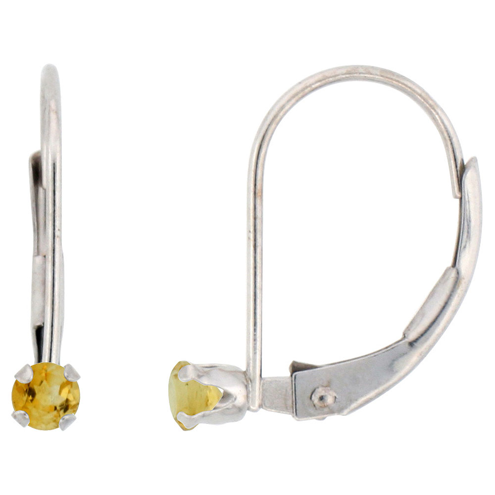 10k White Gold Natural Citrine Leverback Earrings 2mm Brilliant Cut November Birthstone, 9/16 inch long