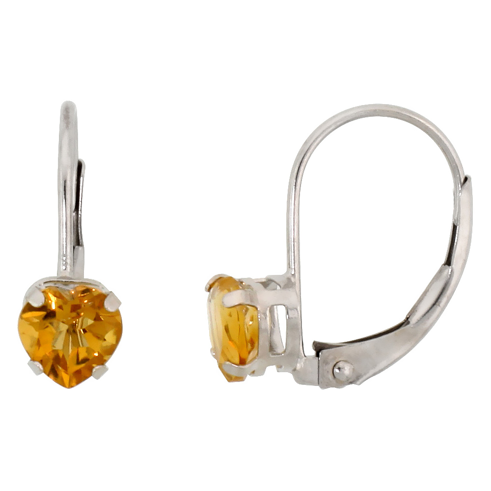 10k White Gold Natural Citrine Heart Leverback Earrings 5mm November Birthstone, 9/16 inch long