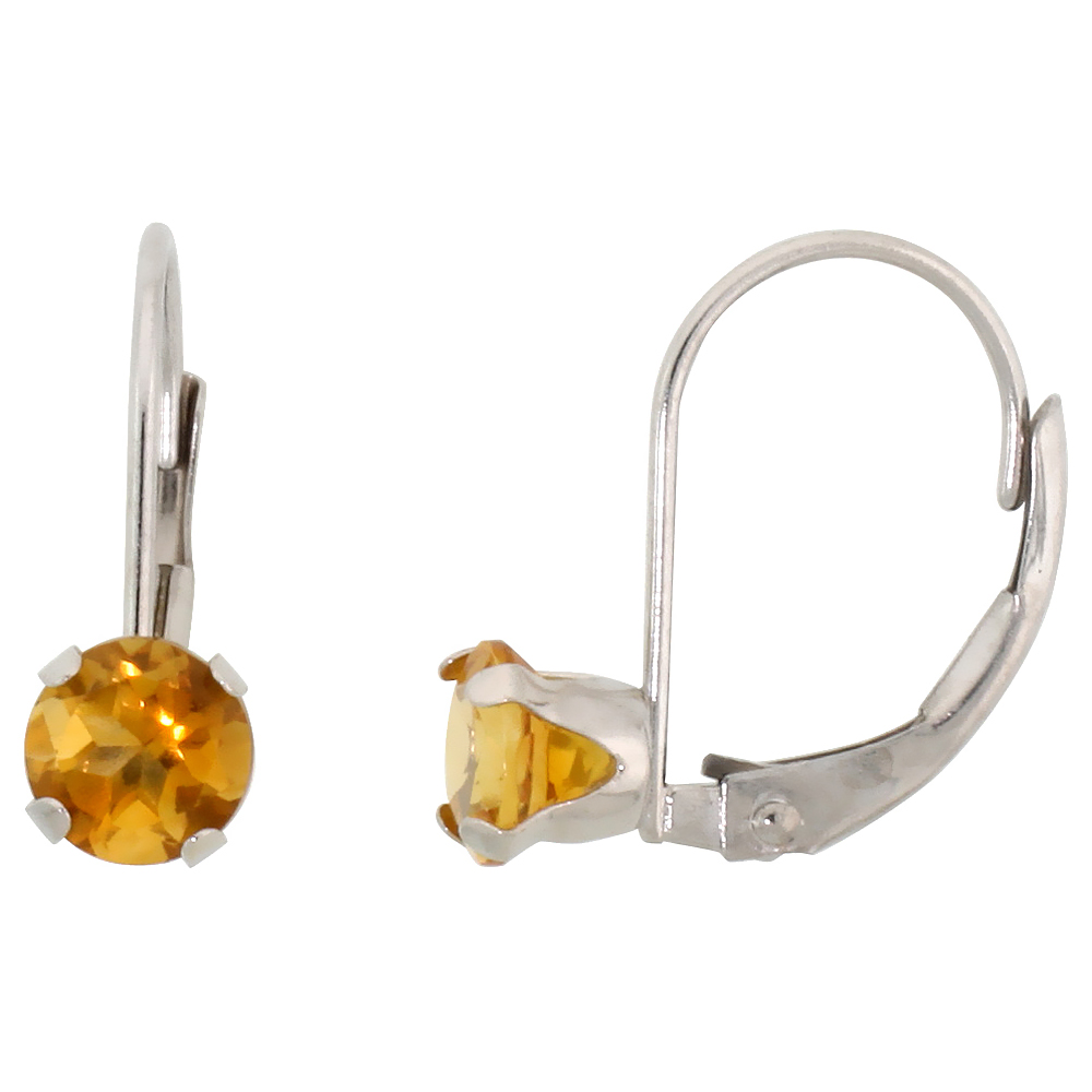 10k White Gold Natural Citrine Leverback Earrings 5mm Brilliant Cut November Birthstone, 9/16 inch long