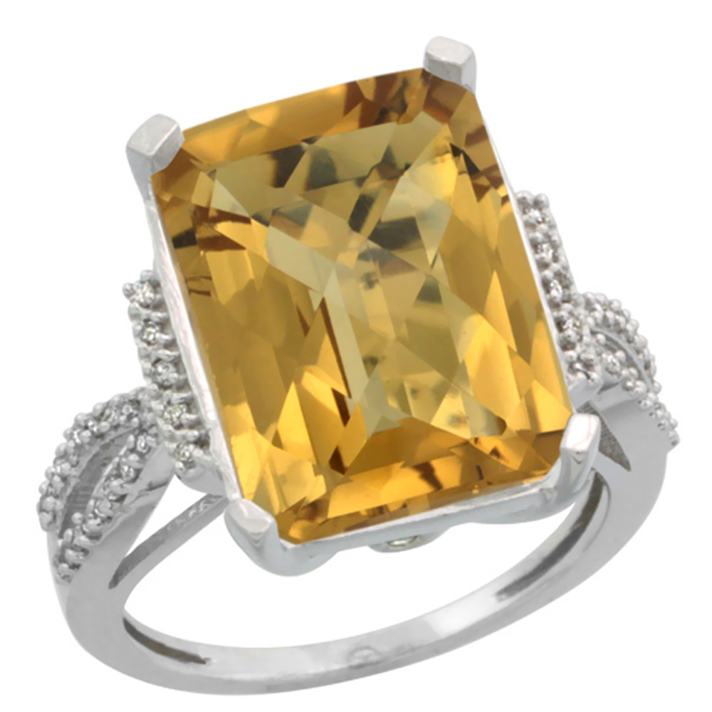 14K White Gold Diamond Natural Whisky Quartz Ring Emerald-cut 16x12mm, sizes 5-10