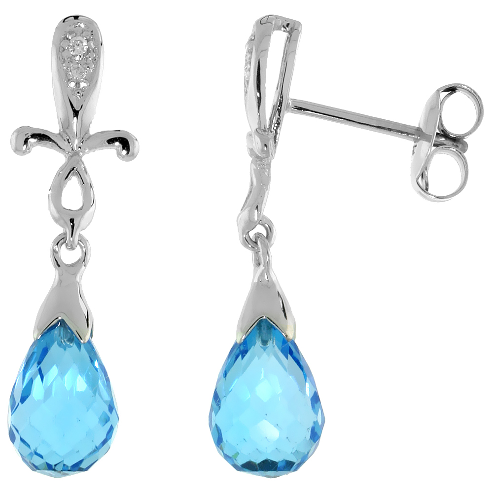 10k White Gold Cross &amp; Blue Topaz Earrings, w/ 0.02 Carat Brilliant Cut Diamonds, 1 in. (25mm) tall