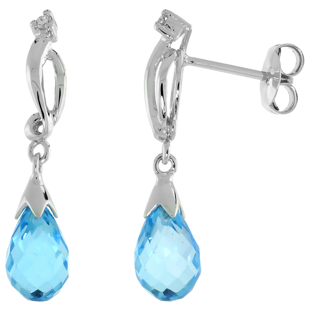 10k White Gold Swirl &amp; Blue Topaz Earrings, w/ 0.03 Carat Brilliant Cut Diamonds, 1 in. (26mm) tall