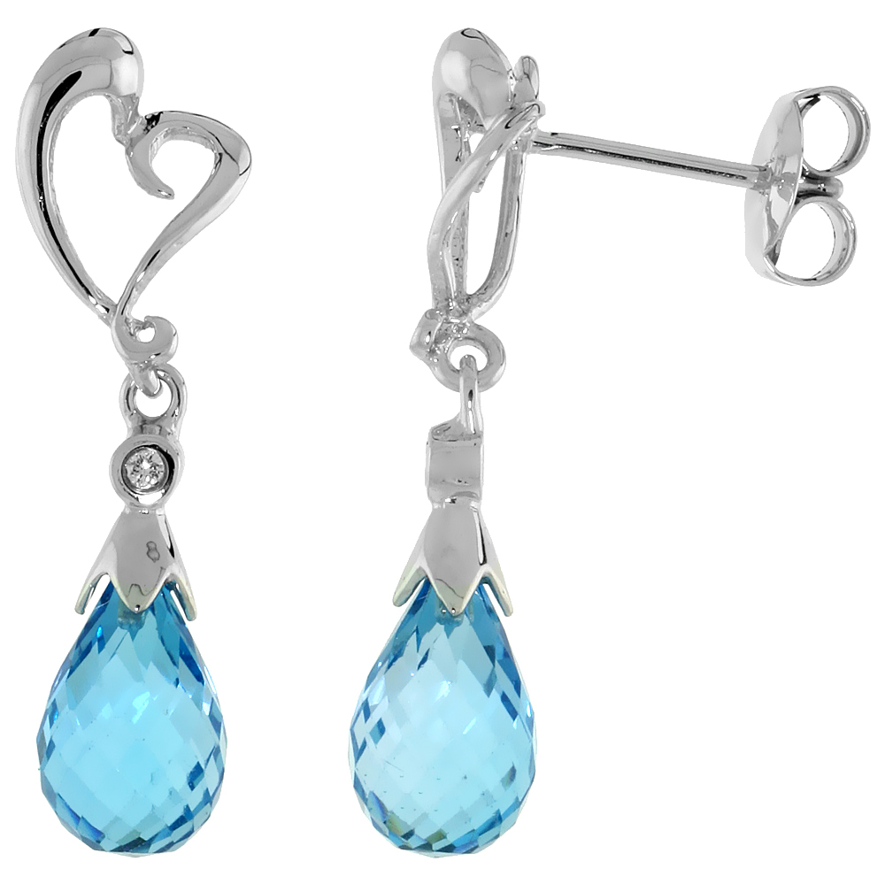 10k White Gold Heart Cut Out &amp; Blue Topaz Earrings, w/ Brilliant Cut Diamonds, 1 1/16 in. (27mm) tall