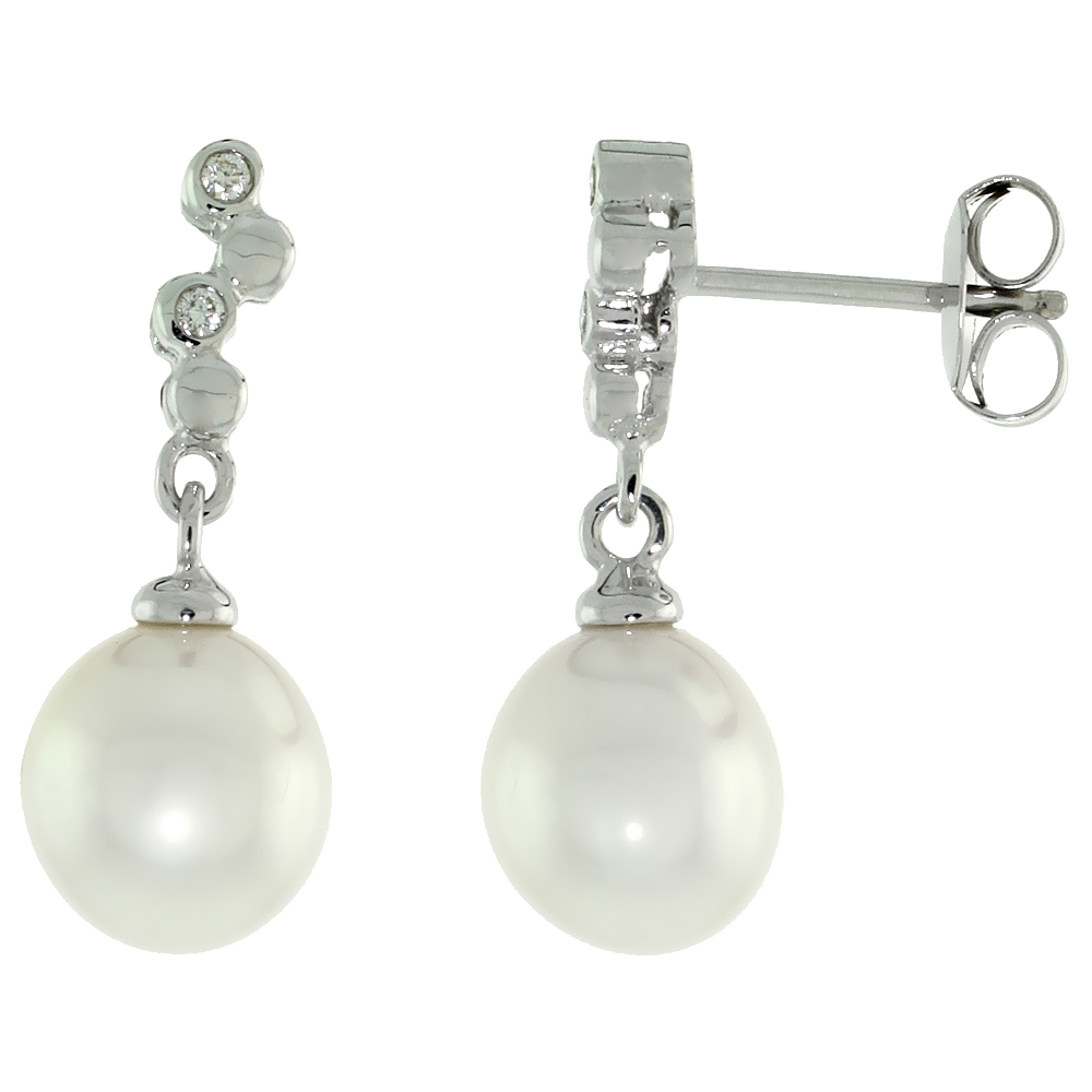 10k White Gold Bubbles &amp; Pearl Earrings, w/ 0.03 Carat Brilliant Cut Diamonds, 13/16 in. (21mm) tall
