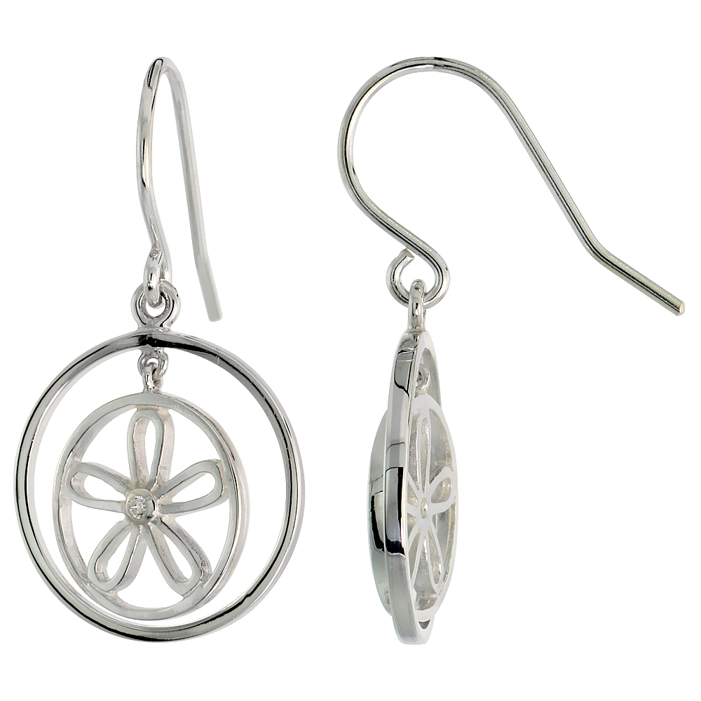 High Polished Flower &amp; Circles Dangle Earrings in Sterling Silver, w/ Brilliant Cut CZ Stone, 3/4&quot; (19 mm) tall