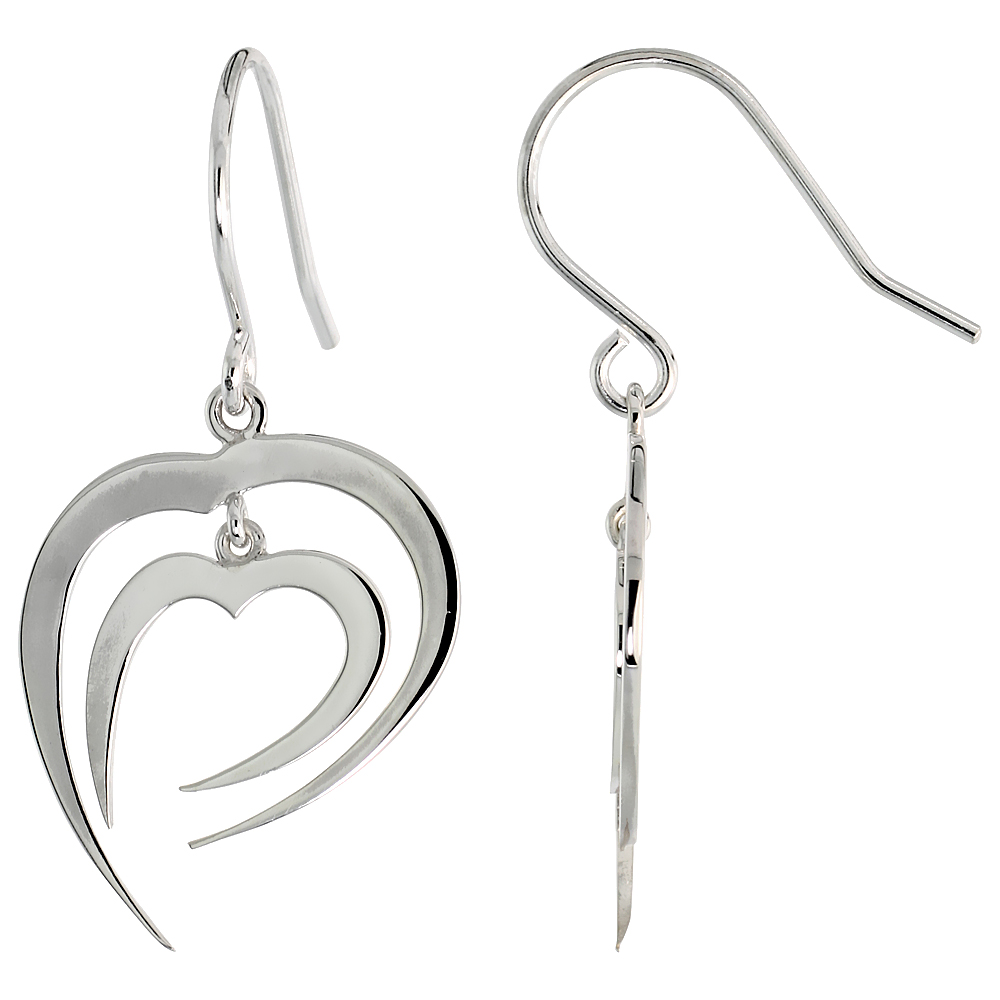 High Polished Fancy Hearts Dangle Earrings in Sterling Silver, 13/16" (21 mm) tall