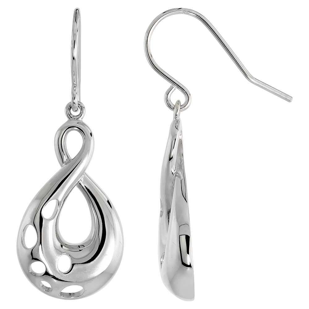 High Polished Swirl Dangle Earrings in Sterling Silver, w/ Small Circle Cut Outs, 1" (25 mm) tall