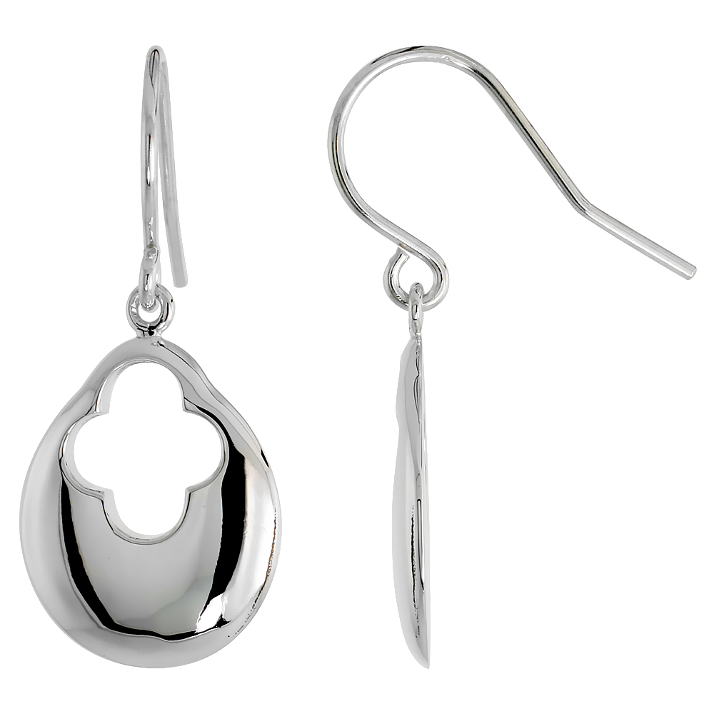 High Polished Pear-shaped Dangle Earrings in Sterling Silver, w/ Cross Cut Out, 3/4" (19 mm) tall