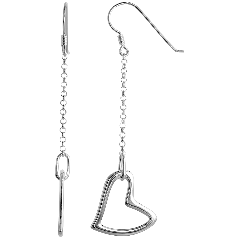 Sterling Silver Heart Drop Earrings, 2 3/8 inch long