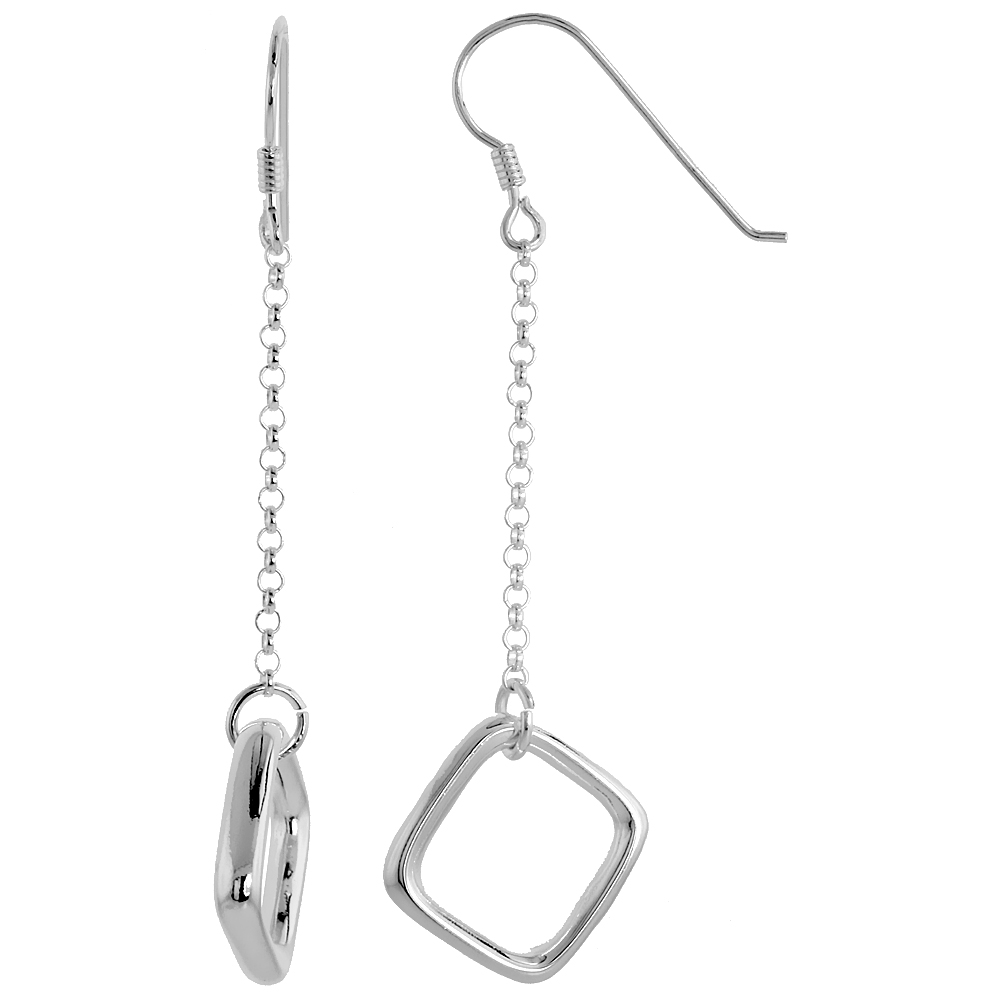 Sterling Silver Square Drop Earrings, 2 3/8 inch long