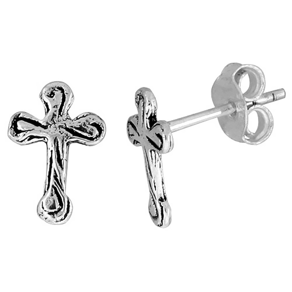 Tiny Sterling Silver Cross Stud Earrings 3/8 inch