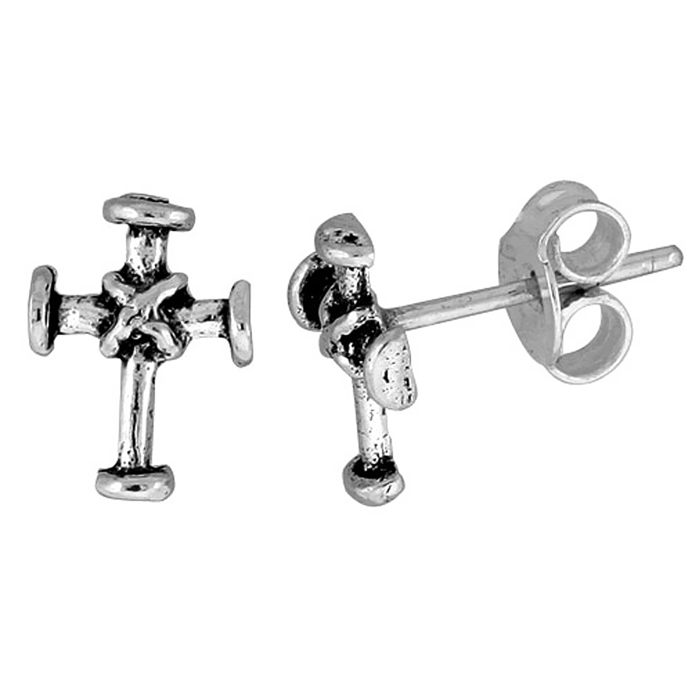 Tiny Sterling Silver Cross Stud Earrings 3/8 inch