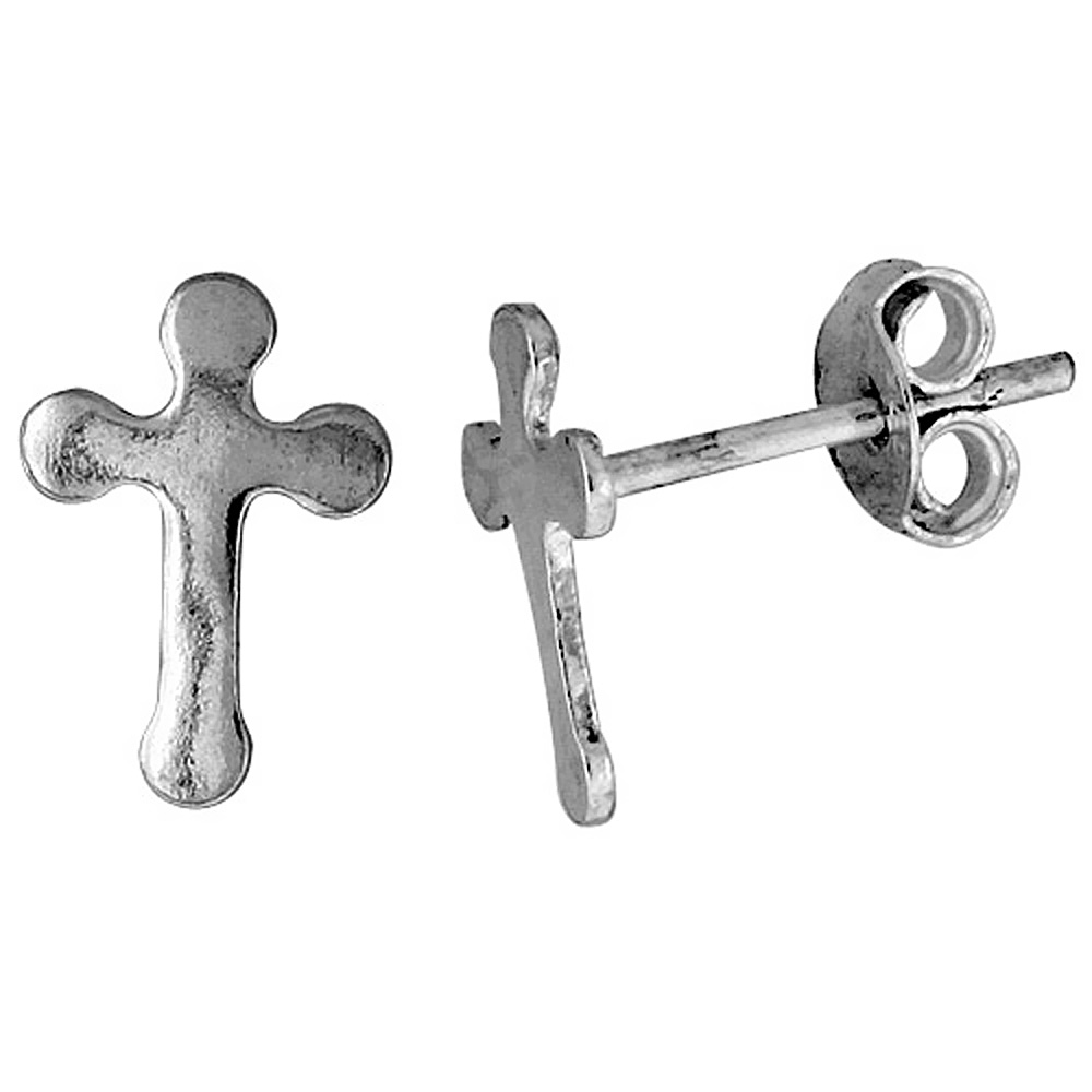 Tiny Sterling Silver Cross Stud Earrings 3/8 inch