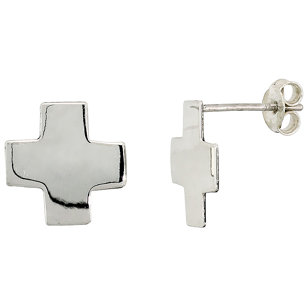 Tiny Sterling Silver Cross Stud Earrings 1/2 inch