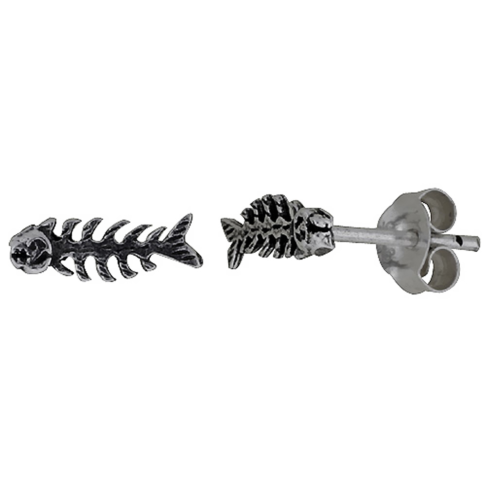 Tiny Sterling Silver Fishbone Stud Earrings 3/8 inch