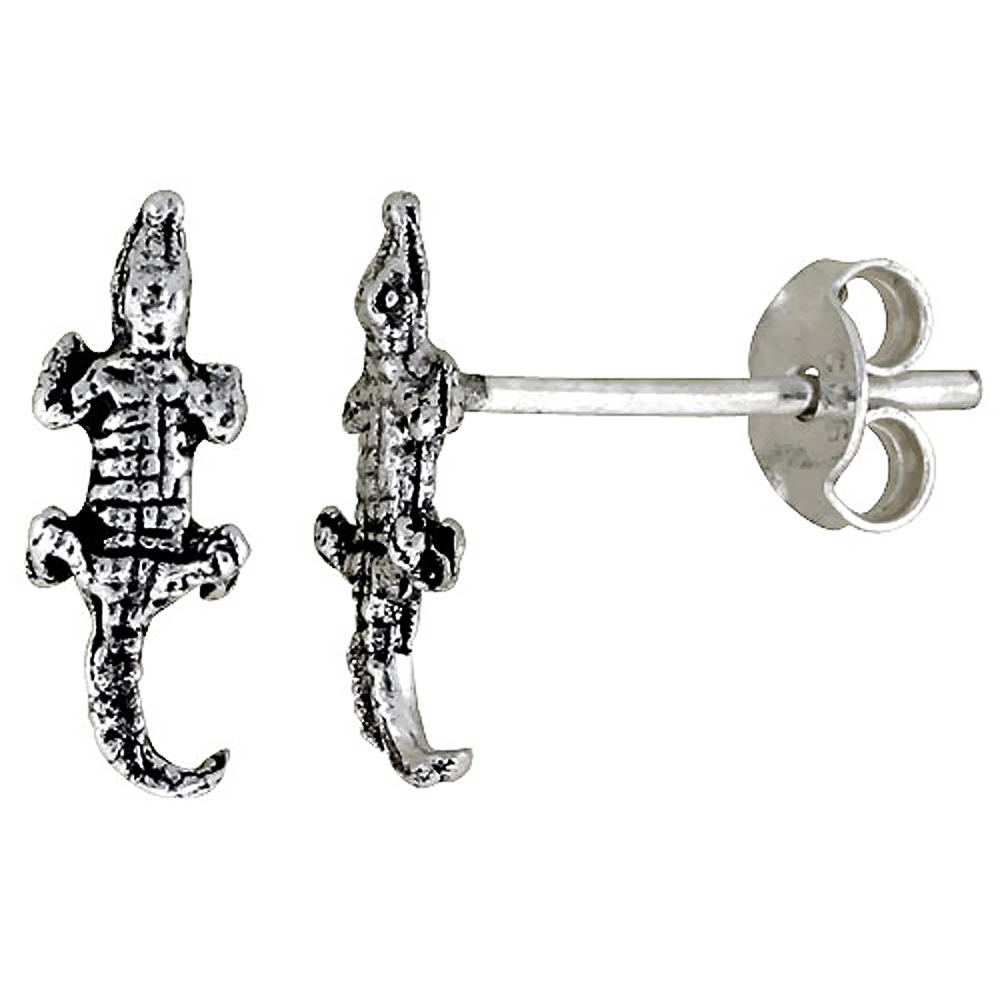 Tiny Sterling Silver Crocodile Stud Earrings 7/16 inch